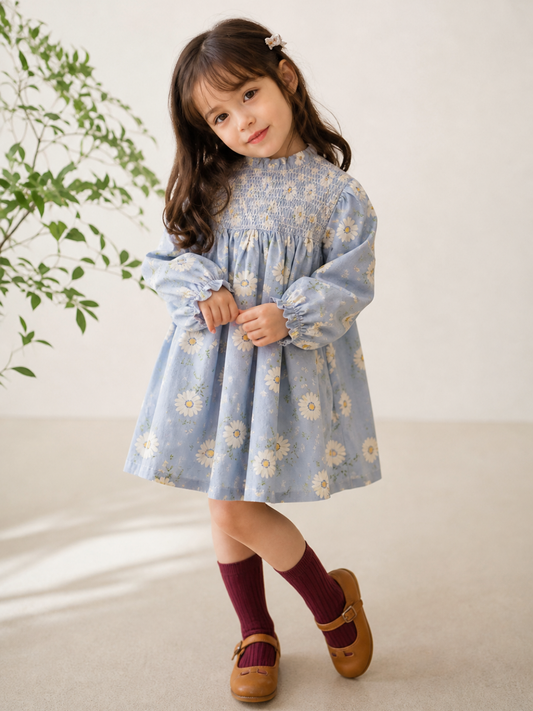 Girls Blue Floral Smocked Dress | Full Sleeve Cotton Party & Casual Dress (2–8 Years)