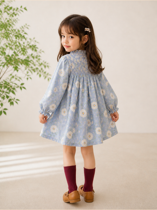Girls Blue Floral Smocked Dress | Full Sleeve Cotton Party & Casual Dress (2–8 Years)