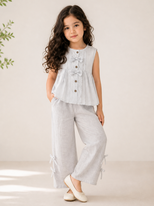 Girls Grey Linen Co-Ord Set | Sleeveless Bow Top with Wide Leg Pants for Kids (2–12 Years)