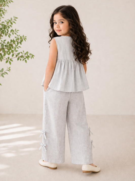 Girls Grey Linen Co-Ord Set | Sleeveless Bow Top with Wide Leg Pants for Kids (2–12 Years)