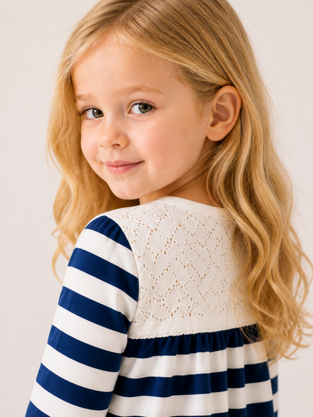 Girls Navy Blue Striped Co-Ord Set | Full Sleeve Lace Top & Wide Leg Pants for Kids (2–12 Years)