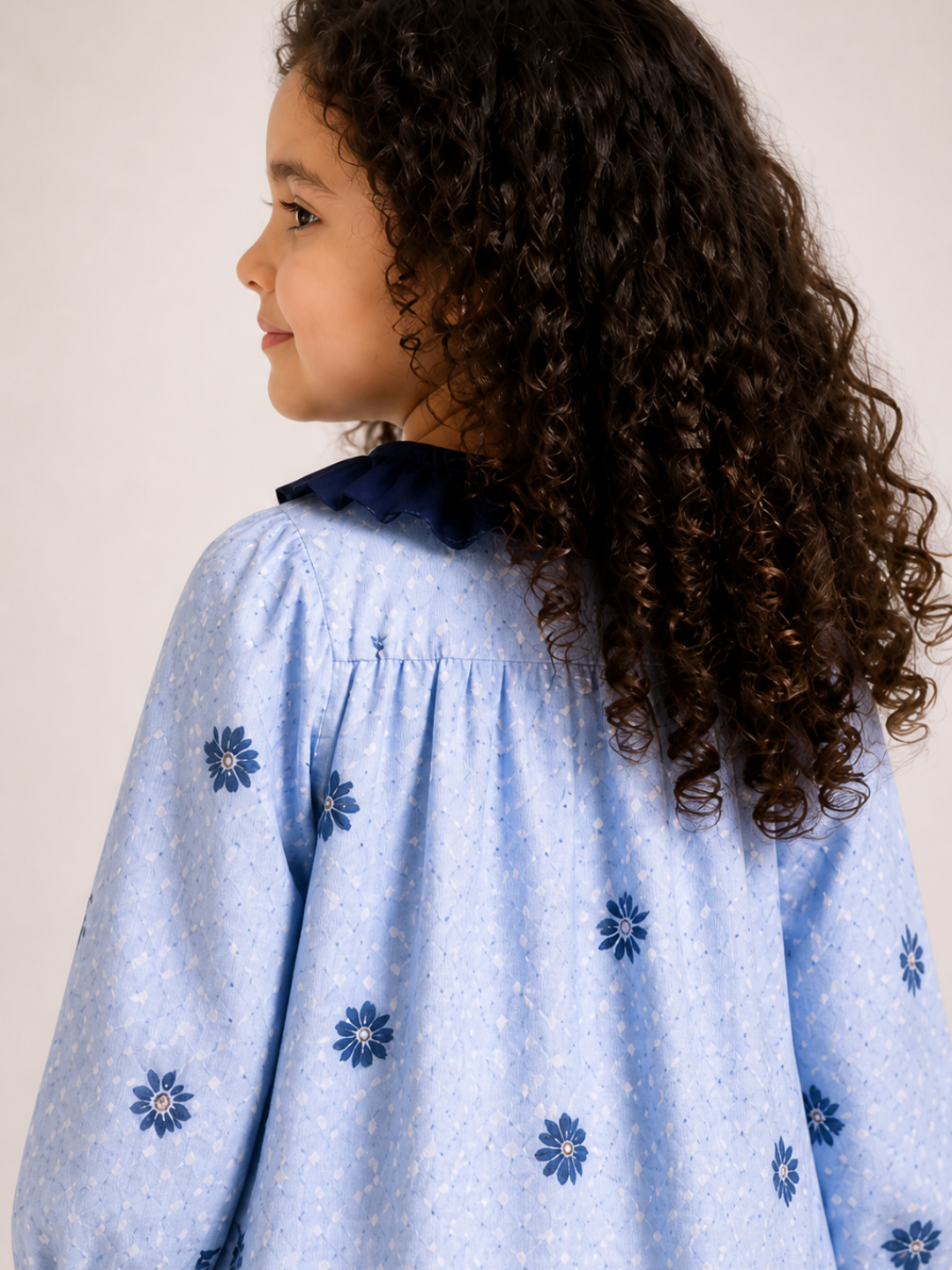 Girls Light Blue Floral Cotton Dress | Full Sleeve A-Line Dress with Navy Ruffle Collar & Pocket (1โ5 Years)