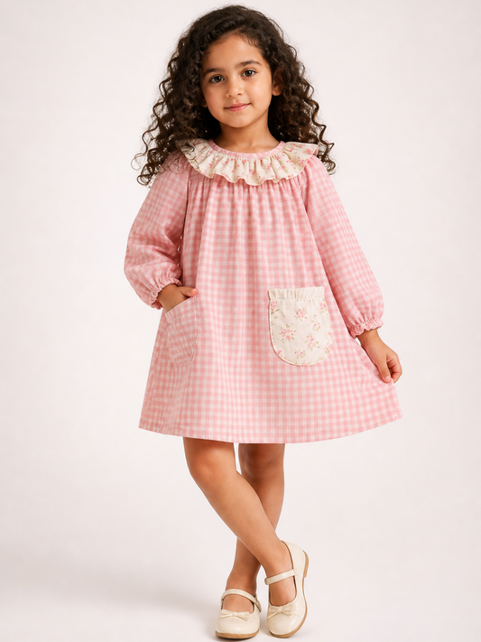 Girls Pink Gingham Cotton Dress | Full Sleeve A-Line Dress with Floral Ruffle Collar & Pocket (1–5 Years)