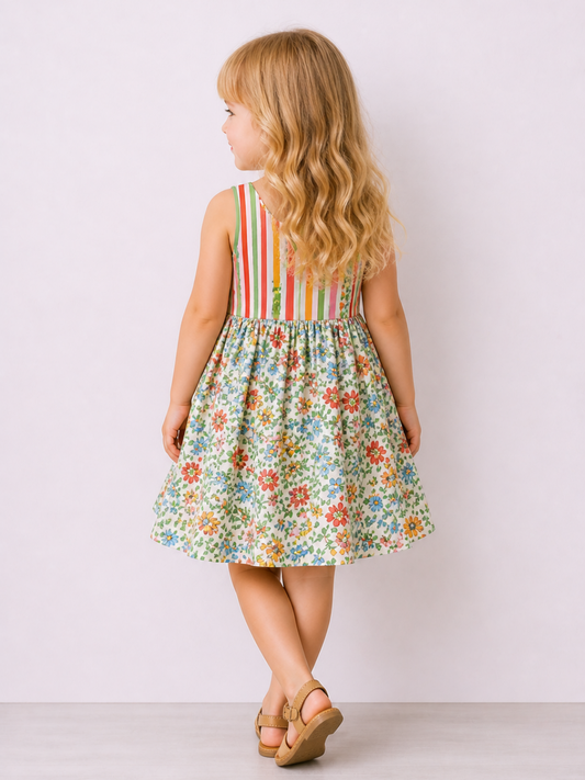 Girls Floral Cotton Sleeveless Dress | Multicolor Printed Summer Party Dress with Rainbow Stripe Side Panels (2–8 Years)