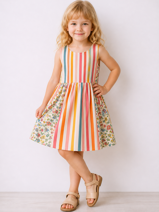 Girls Multicolor Striped Floral Cotton Dress | Sleeveless Summer Party Dress for Kids (2–8 Years)