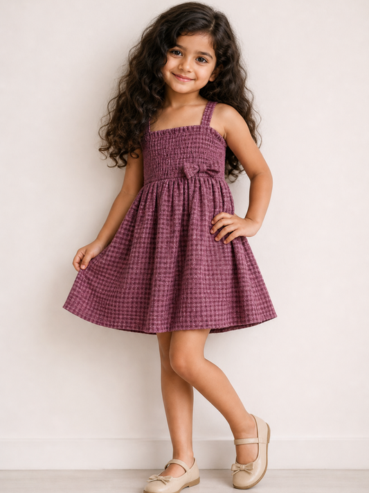 Girls Smocked Cotton Party Dress | Sleeveless Textured Purple Fit & Flare Dress with Bow Detail (1–5 Years)