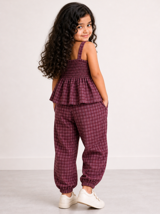 Girls Smocked Peplum Top with Jogger Pants Set | Mauve Textured Cotton Co-Ord Set with Bow Detail (1–5 Years)