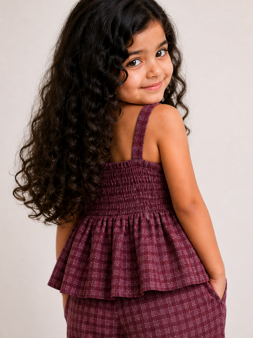 Girls Smocked Peplum Top with Jogger Pants Set | Mauve Textured Cotton Co-Ord Set with Bow Detail (1–5 Years)