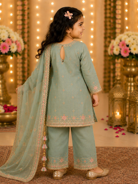 Girls Sea Green Embroidered Kurta Palazzo Set with Dupatta | Kids Ethnic Suit | Festive & Party Wear Traditional Dress for Girls (1–8 Years)
