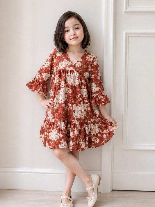 Girls Rust Floral V-Neck Dress | Cotton Tiered Party Dress with Bell Sleeves (2–8 Years)