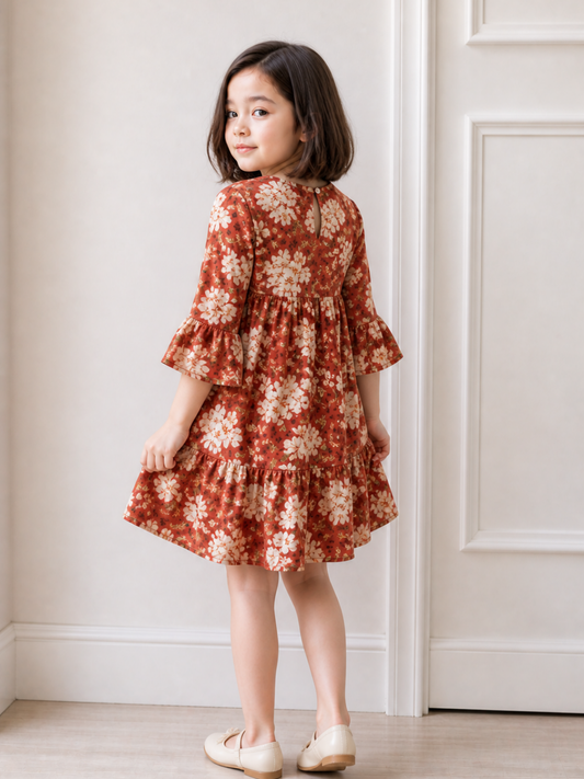 Girls Rust Floral V-Neck Dress | Cotton Tiered Party Dress with Bell Sleeves (2–8 Years)