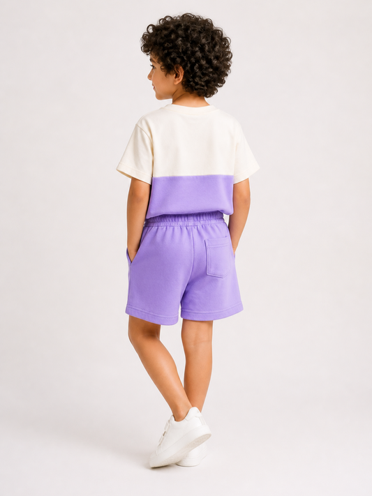 Kids Lavender Color Block T-Shirt & Shorts Set | Unisex Cotton Summer Co-Ord Set (1–5 Years)