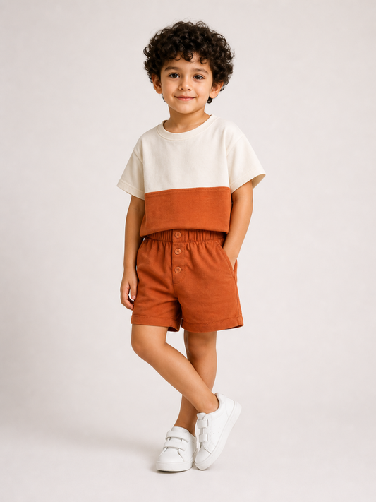 Kids Rust Color Block T-Shirt & Shorts Set | Unisex Cotton Summer Co-Ord Set (1–5 Years)
