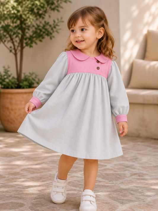 Toddler Girls Grey & Pink Peter Pan Collar Dress | Full Sleeve Cotton Casual Dress for Kids (2–8 Years)