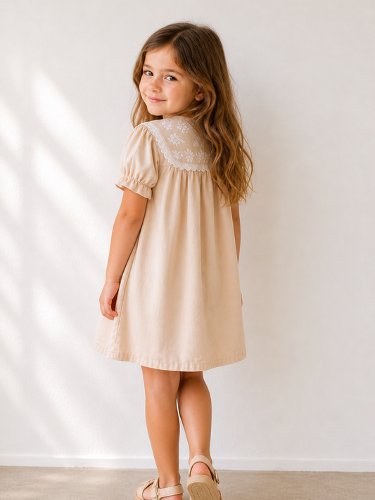 Toddler Girls Beige Embroidered Collar Dress | Elegant Cotton A-Line Party Dress for Kids (2–9 Years)