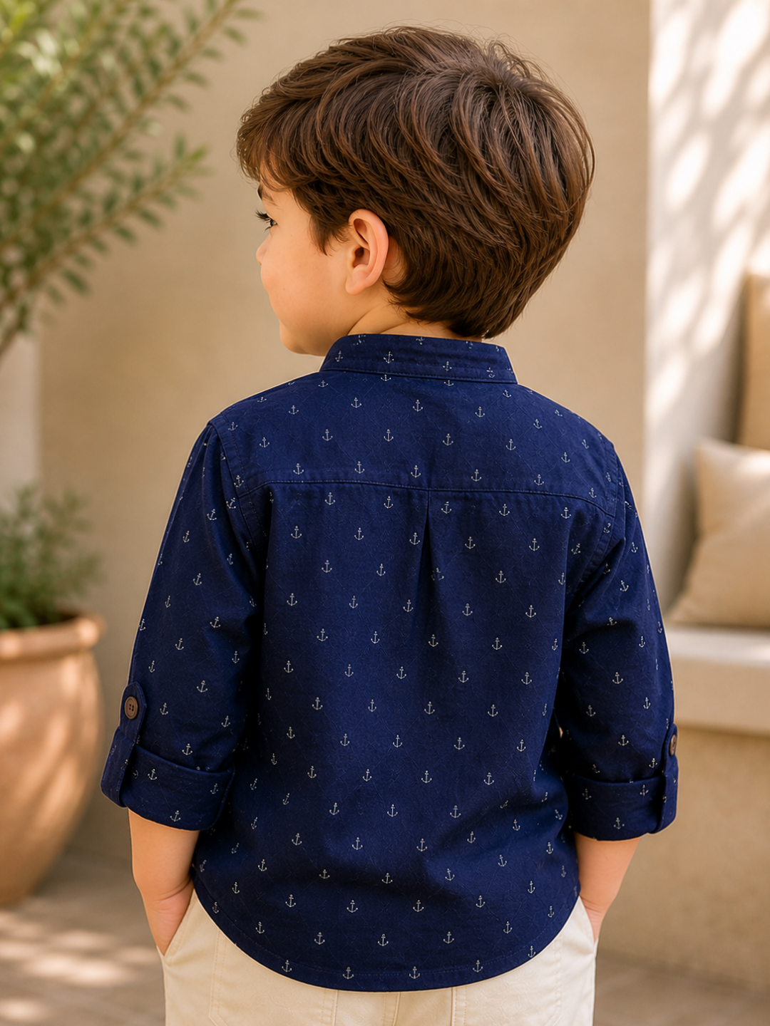 Toddler Boys Navy Blue Printed Kurta Shirt with Beige Shorts | Cotton Casual Ethnic Co-ord Set for Kids (2–9 Years)