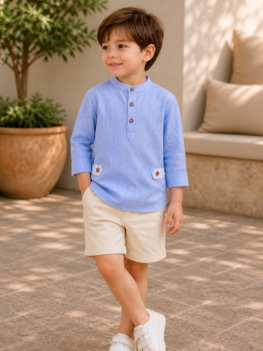 Toddler Boys Sky Blue Mandarin Collar Kurta Shirt with Beige Shorts | Cotton Ethnic Casual Co-ord Set for Kids (2–9 Years)