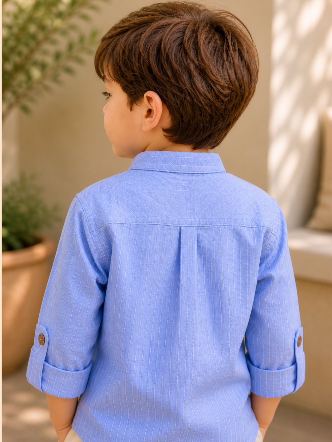 Toddler Boys Sky Blue Mandarin Collar Kurta Shirt with Beige Shorts | Cotton Ethnic Casual Co-ord Set for Kids (2–9 Years)
