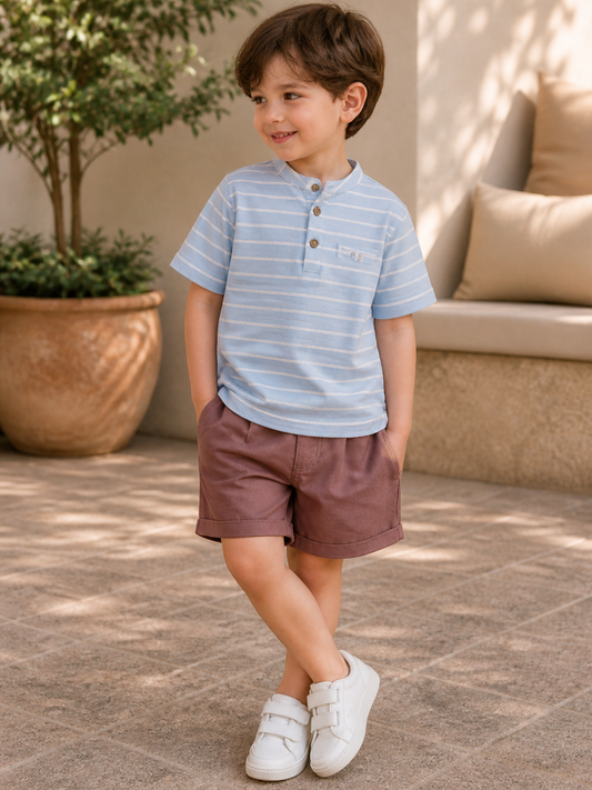 Toddler Boys Sky Blue Striped Henley T-Shirt with Mauve Shorts | Casual Cotton Summer Co-ord Set for Kids (2–9 Years)