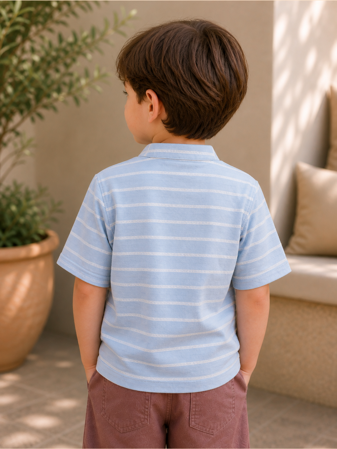 Toddler Boys Sky Blue Striped Henley T-Shirt with Mauve Shorts | Casual Cotton Summer Co-ord Set for Kids (2–9 Years)