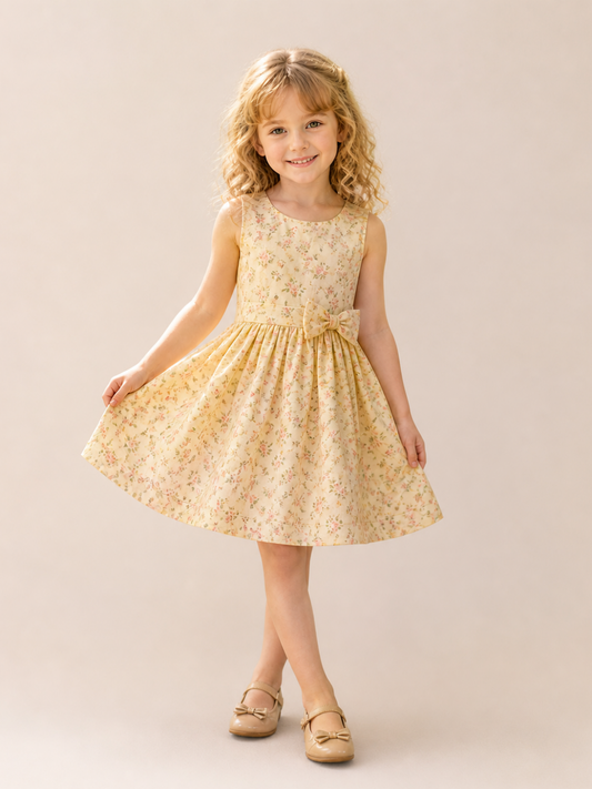 Girls Yellow Floral Sleeveless Party Dress with Bow | Elegant Cotton Summer Dress for Kids (1–5 Years)