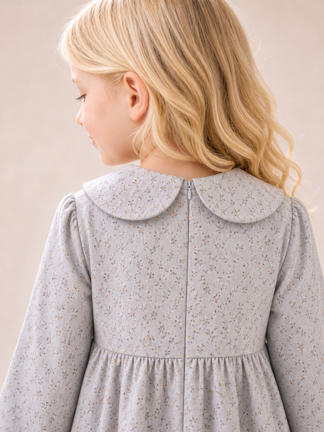 Girls Grey Floral Peter Pan Collar Dress | Elegant Full Sleeve Cotton Party Dress for Kids (2โ8 Years)