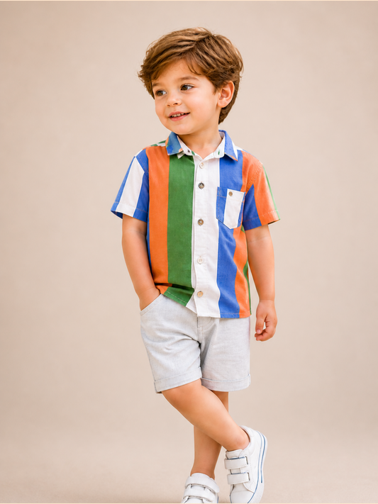 Boys Multicolor Striped Half Sleeve Shirt with Grey Shorts Co-ord Set | Stylish Cotton Summer Outfit for Kids (2–9 Years)
