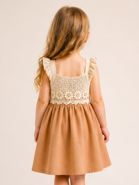 Girls Beige Lace Yoke Fit & Flare Dress | Elegant Sleeveless Party Dress for Kids (1–6 Years)