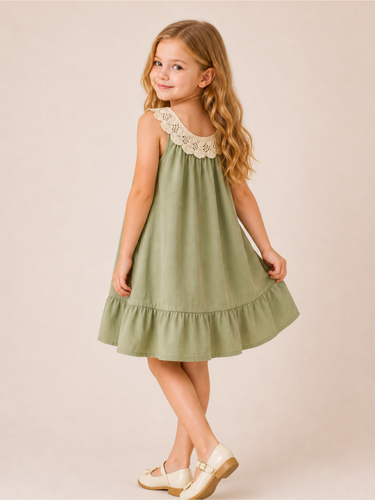 Girls Sage Green Sleeveless Dress with Crochet Lace Collar | Elegant Cotton Ruffle Hem Dress for Kids (1–6 Years)
