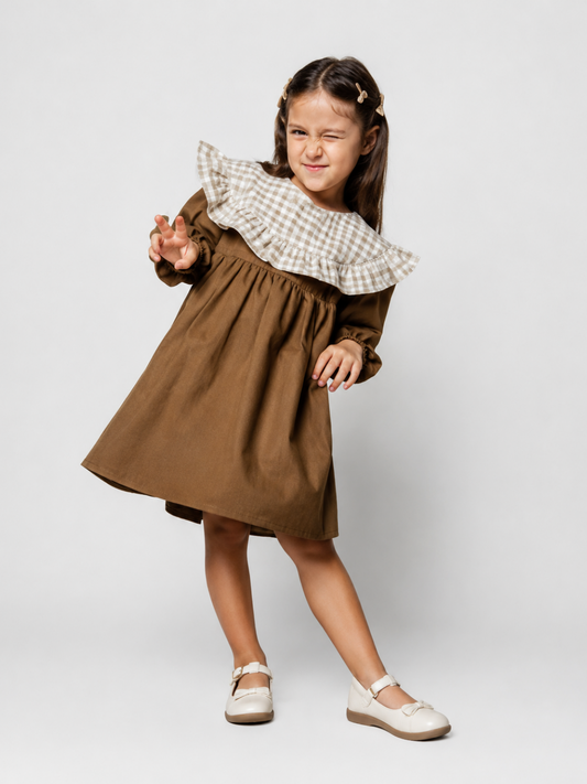 Girls Brown Cotton Dress with Gingham Ruffle Collar | Full Sleeve A-Line Dress for Kids (2–8 Years)