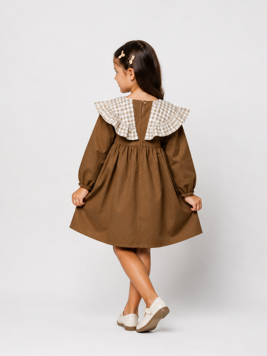 Girls Brown Cotton Dress with Gingham Ruffle Collar | Full Sleeve A-Line Dress for Kids (2–8 Years)