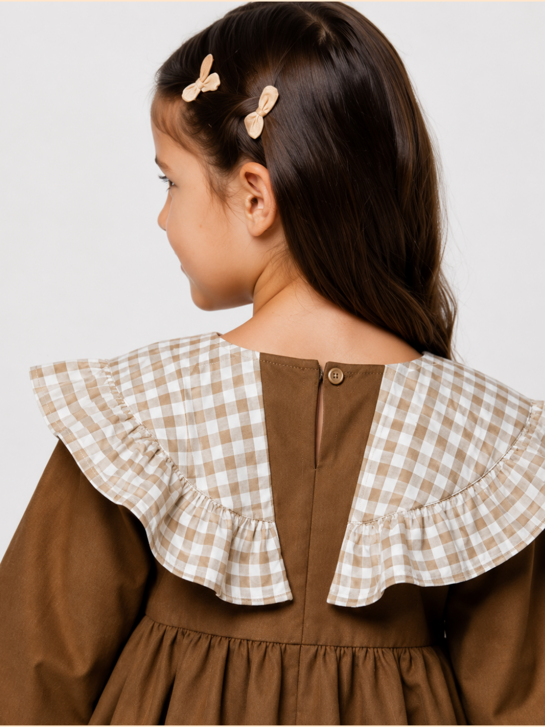 Girls Brown Cotton Dress with Gingham Ruffle Collar | Full Sleeve A-Line Dress for Kids (2–8 Years)