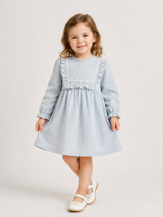Girls Sky Blue Pintuck Cotton Dress with Ruffle Bib | Full Sleeve Elegant Party Dress for Kids (1–5 Years)