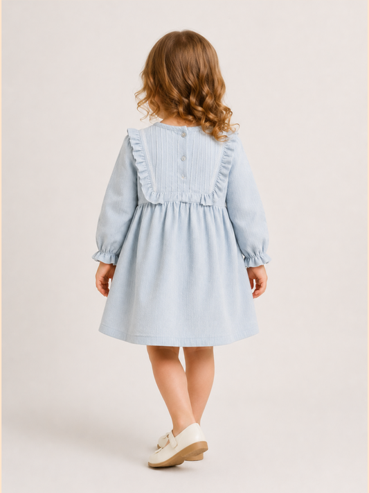 Girls Sky Blue Pintuck Cotton Dress with Ruffle Bib | Full Sleeve Elegant Party Dress for Kids (1–5 Years)