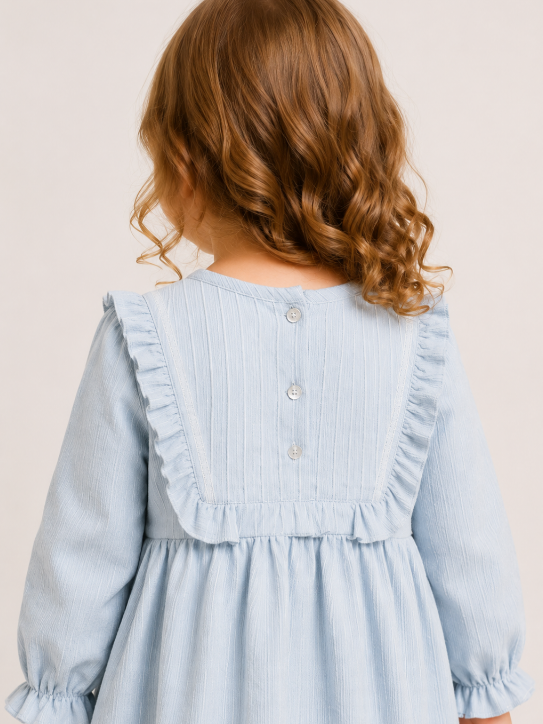 Girls Sky Blue Pintuck Cotton Dress with Ruffle Bib | Full Sleeve Elegant Party Dress for Kids (1–5 Years)