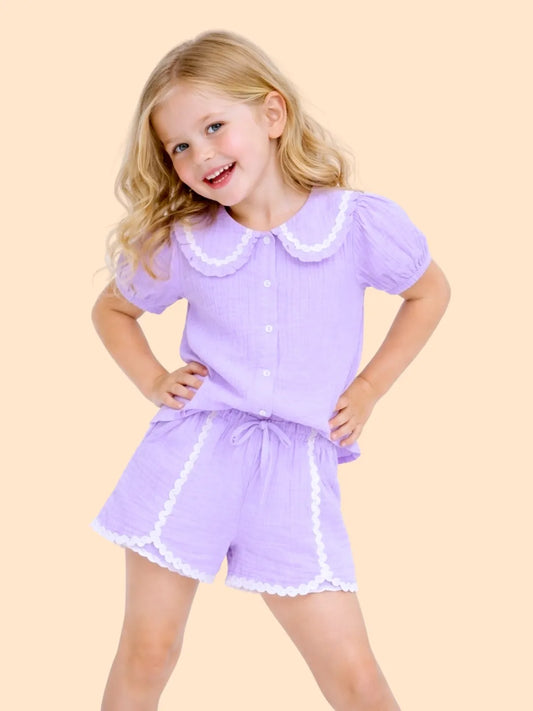 Girls Lavender Co-ord Set | Cute Top & Shorts Outfit for Kids (2-6 Years)