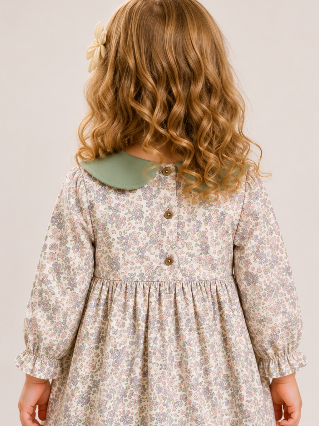 Girls Floral Cotton Dress with Sage Green Peter Pan Collar | Full Sleeve Vintage Party Dress for Kids (2–8 Years)