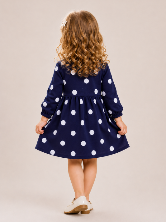 Girls Navy Blue Polka Dot Full Sleeve Dress | Elegant Cotton A-Line Party Dress for Kids (1–5 Years)
