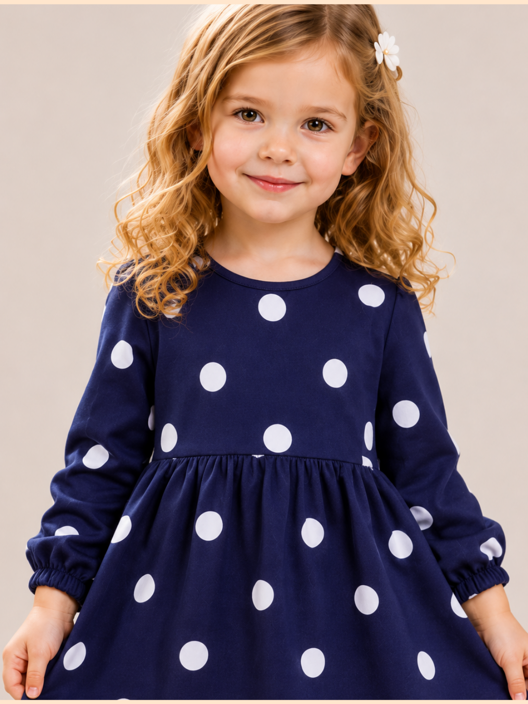 Girls Navy Blue Polka Dot Full Sleeve Dress | Elegant Cotton A-Line Party Dress for Kids (1–5 Years)