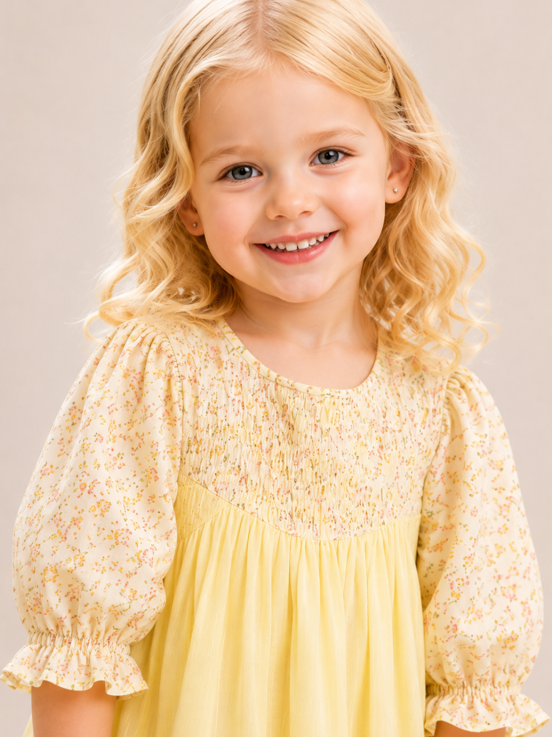 Girls Yellow Floral Cotton Dress with Smocked Yoke | Full Sleeve Casual & Party Wear Dress for Kids (2–8 Years)