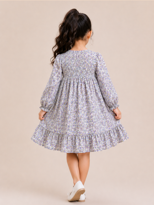 Girls Lavender Floral Smocked Cotton Dress with Ruffle Hem | Full Sleeve Party Wear Dress for Kids (2–8 Years)
