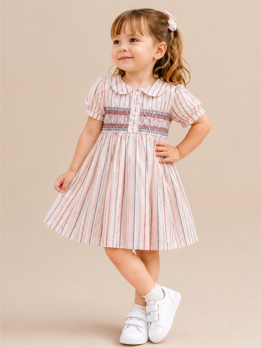 Toddler Girls Pink Striped Smocked Cotton Dress with Peter Pan Collar | Puff Sleeve Party Wear Dress for Kids (2–8 Years)