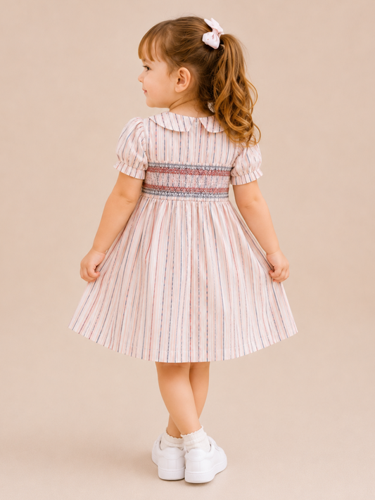 Toddler Girls Pink Striped Smocked Cotton Dress with Peter Pan Collar | Puff Sleeve Party Wear Dress for Kids (2–8 Years)