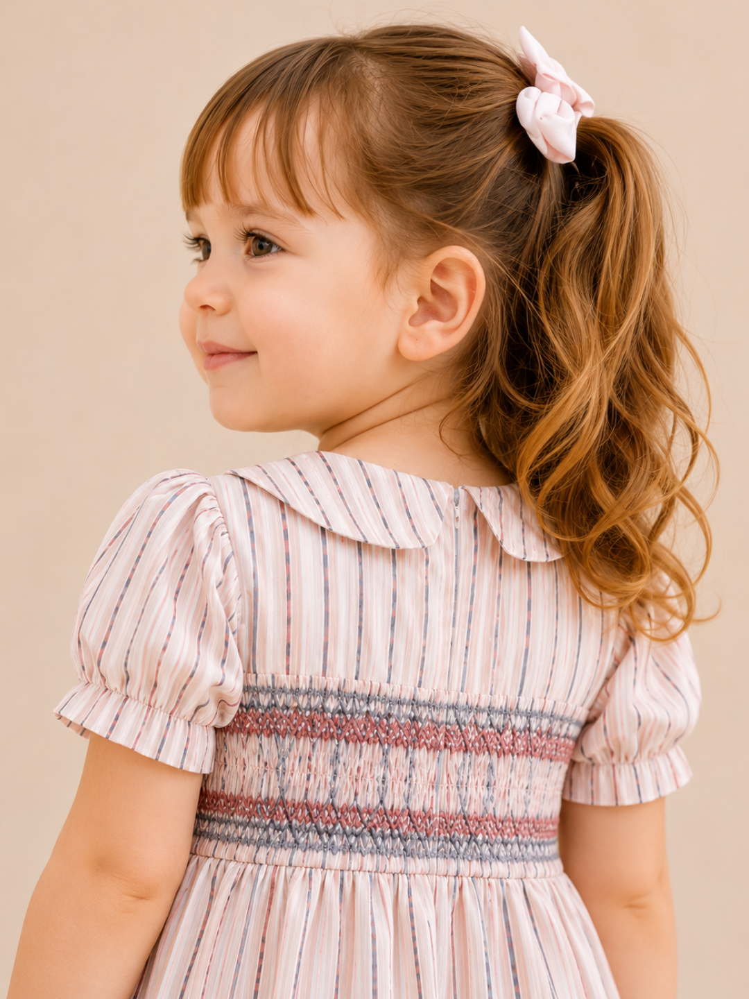 Toddler Girls Pink Striped Smocked Cotton Dress with Peter Pan Collar | Puff Sleeve Party Wear Dress for Kids (2–8 Years)