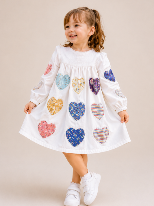 Toddler Girls White Heart Patch Cotton Dress | Long Sleeve Smocked Casual Party Dress for Kids (1–5 Years)