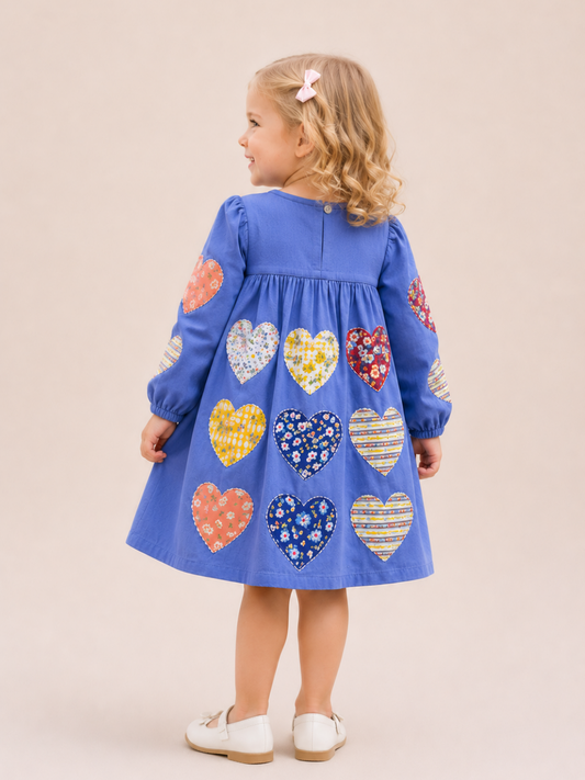 Toddler Girls Blue Heart Patch Cotton Dress | Long Sleeve Casual Party Dress for Kids (1–5 Years)