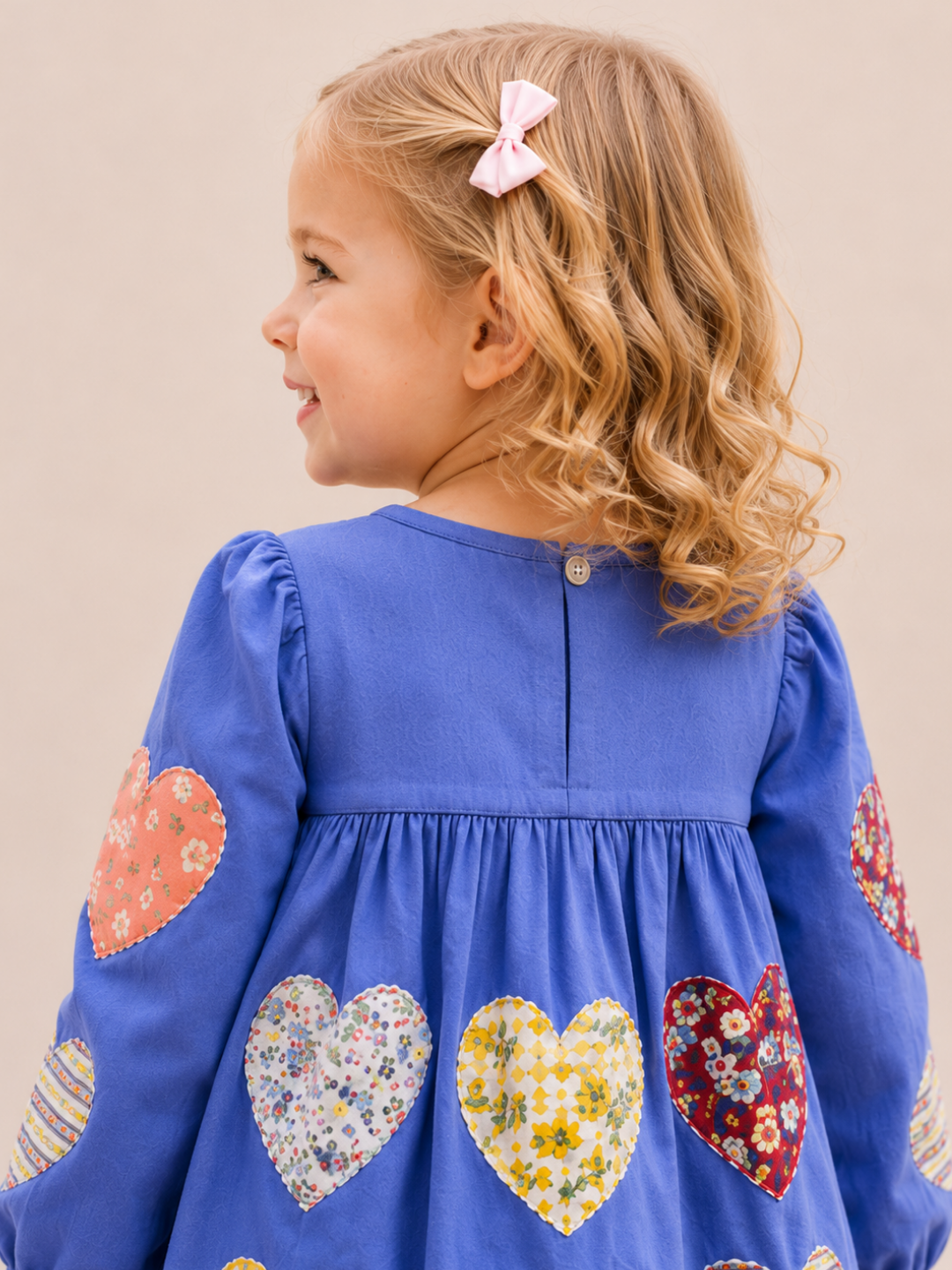 Toddler Girls Blue Heart Patch Cotton Dress | Long Sleeve Casual Party Dress for Kids (1–5 Years)