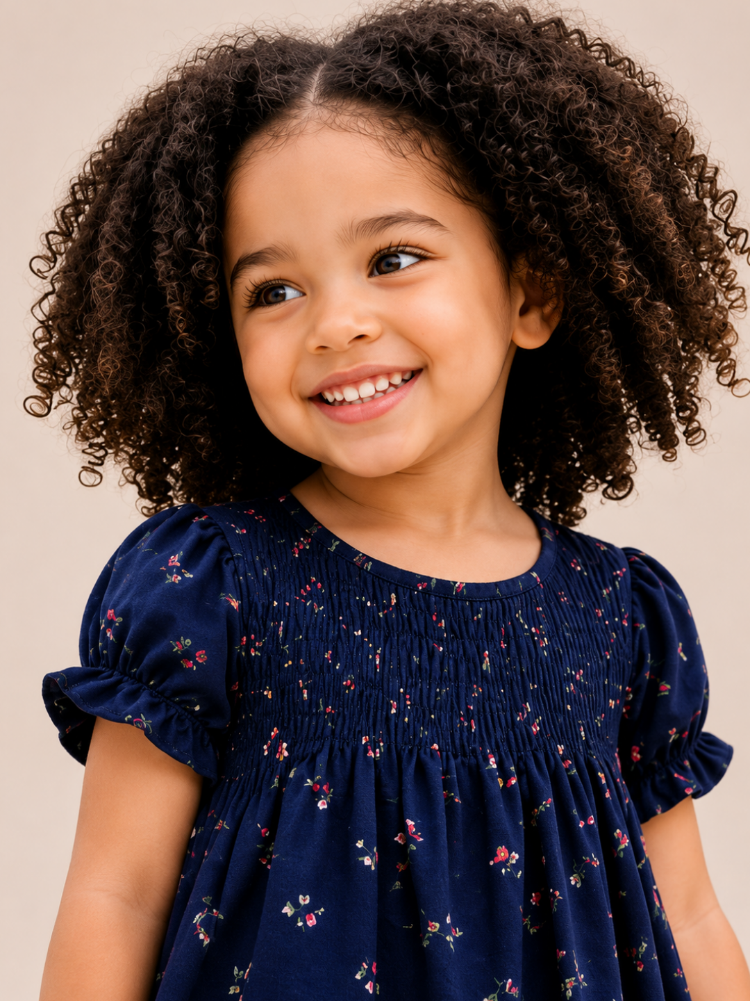 Toddler Girls Navy Blue Floral Cotton Dress | Smocked Short Sleeve Casual Party Dress for Kids (2–8 Years)