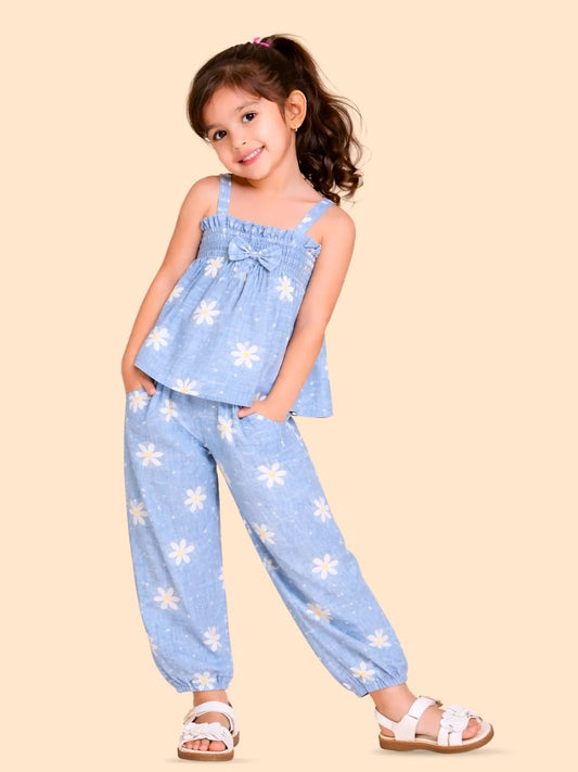 Girls Blue Floral Co-ord Set | Sleeveless Top & Pants Outfit for Kids (2-6 Years)