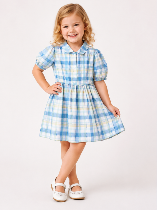 Toddler Girls Blue Plaid Cotton Dress | Peter Pan Collar Short Sleeve Casual Party Dress for Kids (1–5 Years)